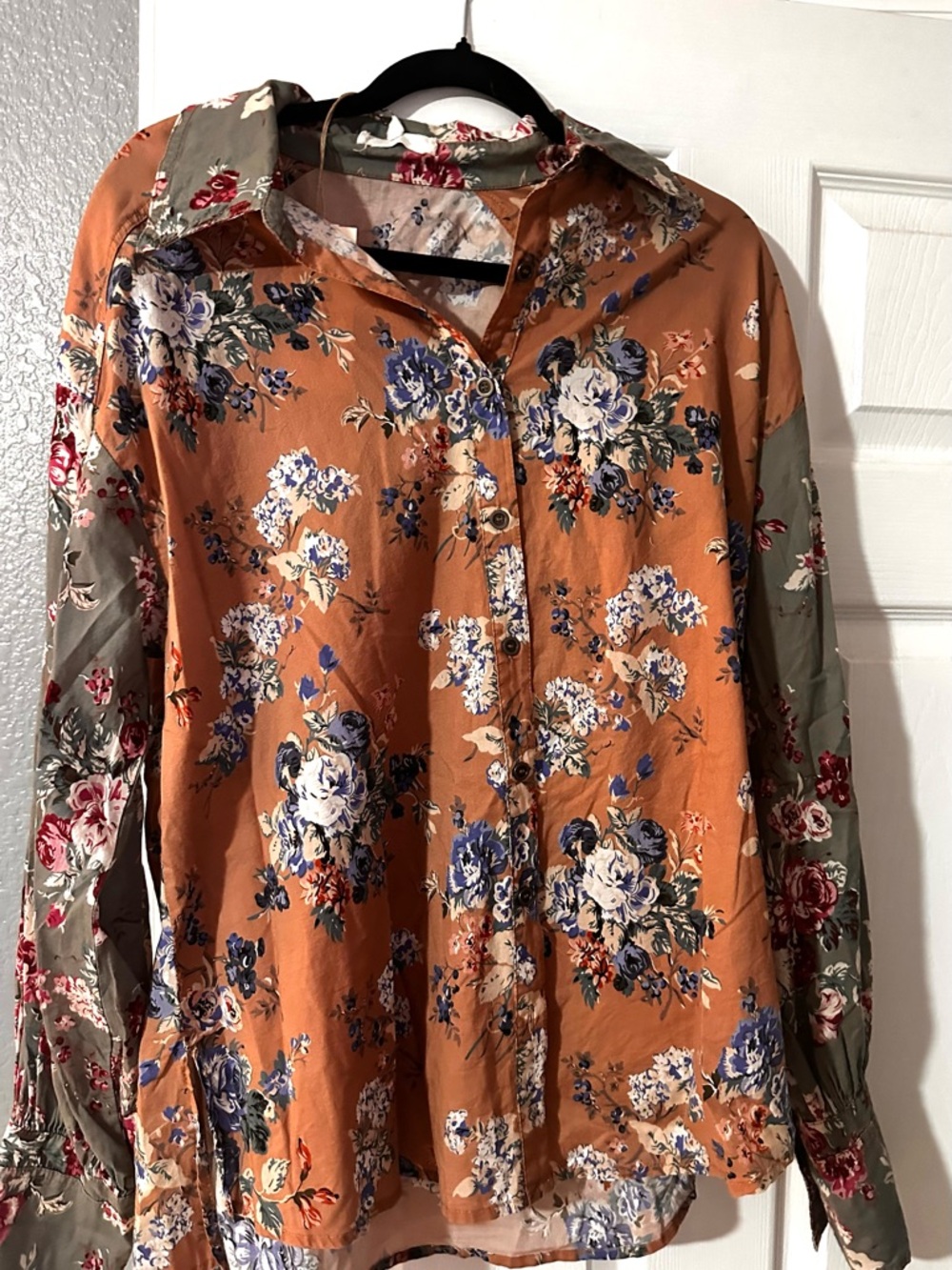 Floral Button-Up Blouse in Rust and Olive